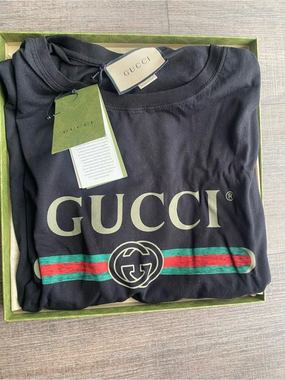 Gucci Black Crewneck Tee with Green and Red Stripe